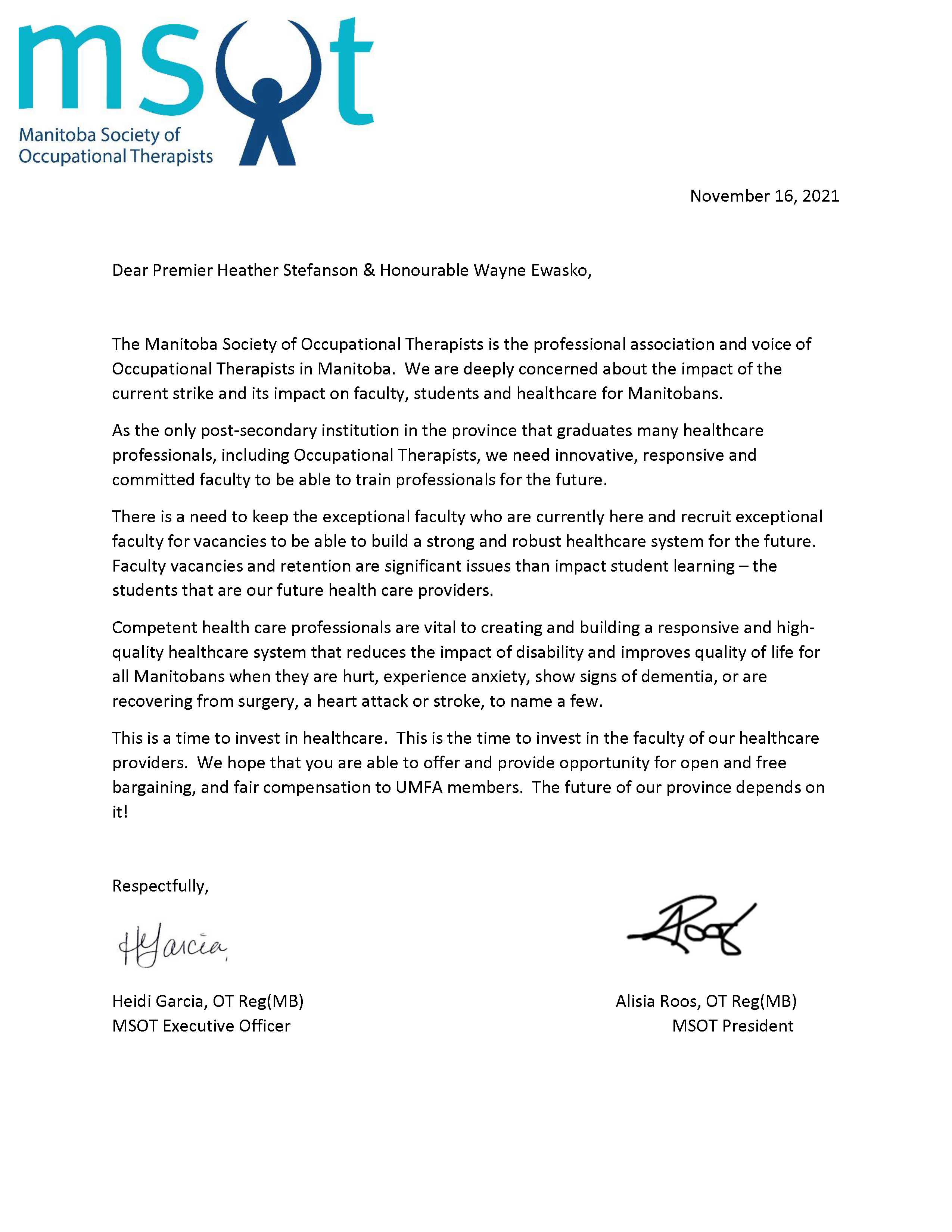 MSOT letter support UMFA Nov18 21