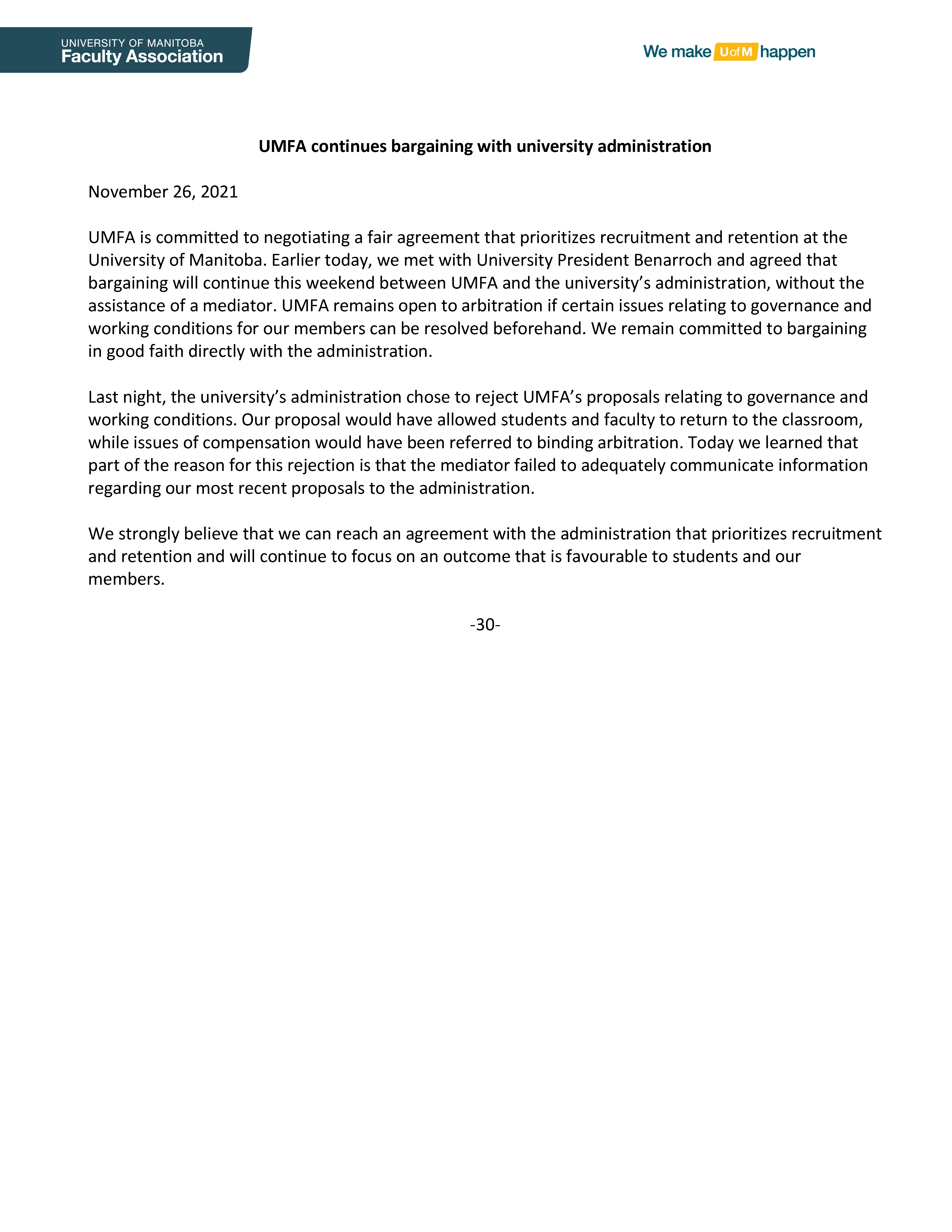 UMFA continues bargaining with university administration Nov26